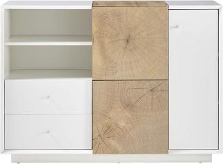 Robas Lund Wohnzimmerschrank Kommode weiß matt, Wohnzimmerschrank mit Absetzung Eiche Hirnholzoptik, BxHxT 116 x 83 x 40 cm