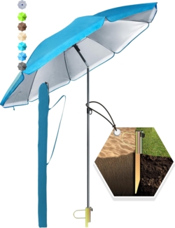 4smile SunnyJoy 3-IN-1 Set mit Sonnenschirm Strand in Blau - Strandschirm windfest stabil 180 cm mit Hülle + Rasendorn Sonnenschirmhalter - Sonnenschirm mit Rasendorn für Garten, Schirmspieß