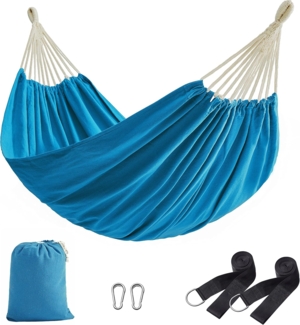 SONGMICS Hängematte, 210x150 cm, Doppelhängematte, Belastbarkeit 300 kg, für Garten, Terrasse, Balkon, Outdoor, Camping, mit Tragetasche, Befestigungsgurten und Karabinern, blau GDC15BU