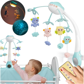 RICOKIDS Karussell für Kinderbetten, blau, mit RK-813 Projektor, Fernbedienung, vier Hängespielzeuge, LED, 13 Melodien, Timer 10/20/30 Min, drei LED-Modi