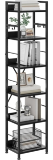 YITAHOME Bücherregal mit 6 Ebenen, Industrielles Standregal, Metallrahmen und Holzregale, Hohes Lagerregal mit 4 Haken, Präsentationsorganizer, für Wohnzimmer, Heimbüro, Schwarz Regal