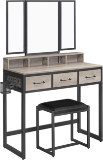 Vasagle Schminktisch, Frisiertisch mit 3-teiligem Klappspiegel, Föhnhalter, Kosmetiktisch mit gepolstertem Hocker, 3 Schubladen, Industrie-Design, Greige-schwarz von Songmics RVT004B02