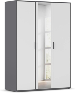 Rauch Möbel Hamilton, Kleiderschrank, Schrank, Garderobe, Organizer, 3-türig, mit Spiegel, Farbe Weiß/Grau metallic, Schwarz, Kurze Griffleiste Grau metallic, 140 x 194 x 54 cm