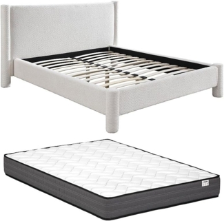 Vente-unique - Bett + Matratze - 180 x 200 cm - Bouclé-Stoff - Weiß - CONOMO