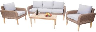 Garnitur HWC-H57, Garten-/Lounge-Set Sofa Sitzgruppe, rundes Poly-Rattan Alu + Akazie Spun Poly MVG ~ Kissen hellgrau