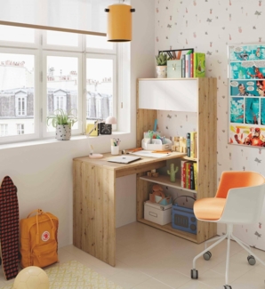 Dmora - Riverside-Schreibtisch, multifunktionaler umkehrbarer Eckschreibtisch mit Bücherregal, Arbeits- oder Bürotisch mit mehreren Positionen, 108 x 70 x 140 cm, weiße und geknotete Eiche