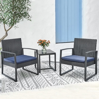 Shally Dogan 3-teiliges Garten-Set aus Polyrattan mit 2 Stühlen und 1 Tisch, Gartenstühle mit gepolsterten Kissen, Sessel und Loungetisch, ideal für Terrasse, Bistro (Schwarz und Blau)