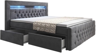Boxspringbett Sera mit LED und Stauraum (4 Schubladen) 200x200 Grau H4 (100kg+)