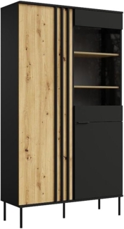 Vente-unique - Vitrinenschrank mit 2 Türen & 3 Ablagefächern - Mit LED-Beleuchtung - Schwarz & Holzfarben - TUNALO