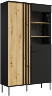 Vente-unique - Vitrinenschrank mit 2 Türen & 3 Ablagefächern - Mit LED-Beleuchtung - Schwarz & Holzfarben - TUNALO