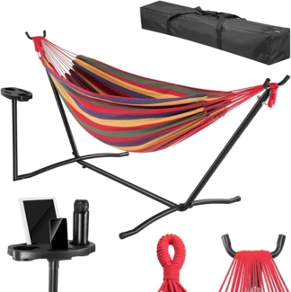 BAKAJI Brasilianische Garten-Hängematte mit Ständer aus Stahl und Getränkehalter, Telefon- und Tablet-Halter mit platzsparender Tragetasche, Tragfähigkeit 200 kg, ideal für den Innen- und Außenbereich