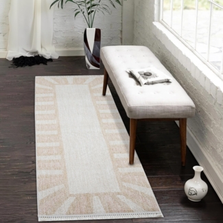 Teppich Läufer - 80x300 cm - Beige Rosa - Sonnen Muster - Boho Frasen Teppiche - Wohnteppich Deko