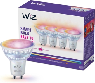 WiZ Smart LED Glass GU10 Spotlight, Full Color and Tunable White, 50 W Äquivalent, 2200–6500 K, 345 Lumen, dimmbar, kompatibel mit Alexa, Google Assistant und Apple Home, 4er-Pack
