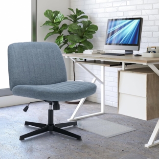 COLAMY Breiter Bürostuhl, Gepolsterter Armloser Schreibtischstuhl Drehbarer Home Office Stuhl 115° Wippfunktion Ergonomischer Computerstuhl für Home Office, Schminken, Gaming (Kreuzfuß, Blau)