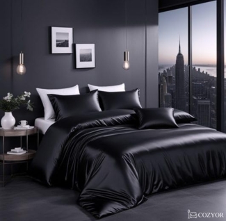 Cozyor Bettwäsche Satin glänzend 135x200, 155x200, 155x220, 200x200cm mit Reißverschluss, Satin, schwarz Eclipse, 2 teilig, glänzend Satin, Bettbezug + Kissenbezug 80x80, besonders weich