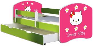 ACMA Kinderbett Jugendbett mit Einer Schublade und Matratze Grün mit Rausfallschutz Lattenrost II 140x70 160x80 180x80 (16 Sweet Kitty 2, 180x80 + Bettkasten)