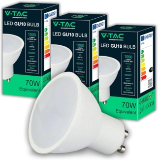V-TAC 3 x GU10-10 W LED-Lampen, hohe Helligkeit (entspricht 70 W) – 1000 Lumen – LED-Spot GU10 für maximale Effizienz und Energieeinsparung – Kaltweiß 6500 K