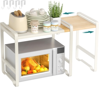SONGMICS Erweiterbares Mikrowellen-Regal, Mikrowellenständer, 41,5-64 cm verstellbare Breite, Küchenregal für Arbeitsplatte, Stahl und Bambus, 4 Haken, cremeweiß-naturbeige