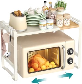 SONGMICS Erweiterbares Mikrowellen-Regal, Mikrowellenständer, 41,5-64 cm verstellbare Breite, Küchenregal für Arbeitsplatte, Stahl und Bambus, 4 Haken, cremeweiß-naturbeige