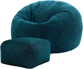 Icon Klassischer Sitzsack Flauschig aus Cord „Kingston“ mit Hocker, Blaugrün, Cord Sitzsack Erwachsene mit Füllung, Indoor Sitzsack Kuschelig Groß