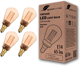 greenandco 4x dimmbare Vintage Design LED Birne zur Stimmungsbeleuchtung | E14 ST45 | gold | 2,3W 65lm | 1800K extra warmweiß | 320° | 230V | flimmerfrei | Edison Glühbirne