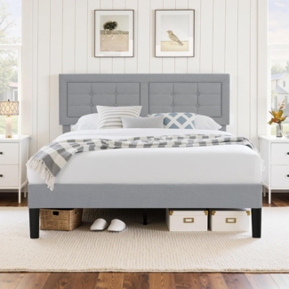 VECELO Polsterbett 140x200 cm, Doppelbett mit Höhenverstellbarem Kopfteil, Bett Bettrahmen mit Lattenrost, Gepolstertes Bettgestell Jugendbett für Schlafzimmer Gästezimmer, Hellgrau