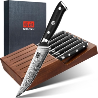 SHAN ZU Steakmesser-Set 7-teilig, 11 cm Damast-Steakmesser mit Block, japanisches Küchenmesser-Set mit Wellenschliff aus Hartstahl mit ergonomischem G10-Griff und Geschenkbox – PRO Series
