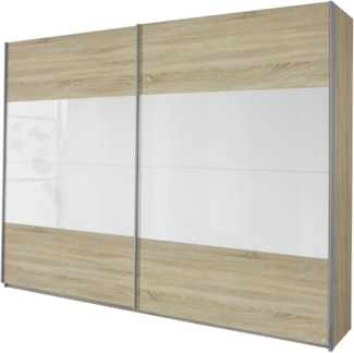 Rauch Möbel Quadra Kleiderschrank, Schwebetürenschrank, 2-türig, inkl. Zubehörpaket Basic 6 Einlegeböden 3 Kleiderstangen, Farbe Eiche Sonoma/Glas Weiß, BxHxT 270 x 229 x 62 cm