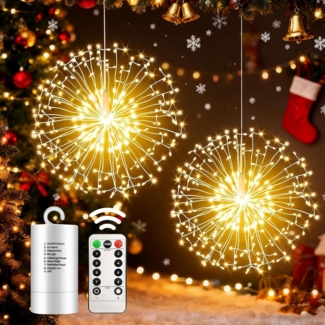Salcar LED-Lichterkette 198 LED Feuerwerk Lichterkette Weihnachts Dekoration mit Fernbedienung, 2 Stück 8 Modi Hängende Gartenlichter Wetterfest Weihnachtsbeleuchtung