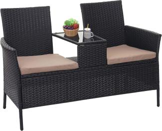 Poly-Rattan Sitzbank mit Tisch HWC-E24, Gartenbank Sitzgruppe Gartensofa, 132cm ~ schwarz, Kissen creme