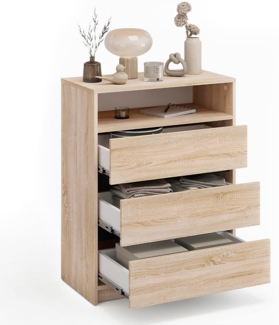 KOMTO Kommode Leon mit 3 Schubladen - Komodenschrank für Schlafzimmer, Schubladenkommode mit 1 offenen Fächern für Wohnzimmer 70 x 37 x 90 cm