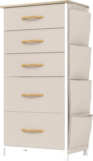 YITAHOME Kommode,Kommode mit 5 Schubladen,Schrank mit Haken und Seitentaschen,Stoffschubladen mit Griffen,Metallgestell,Dauerhaft,Beige