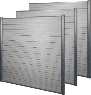 WPC-Sichtschutz Sarthe, Windschutz Zaun, Alu-Pfosten ~ 3er Set, 5,6m grau
