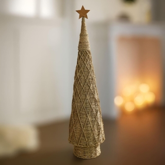 Tanne "Flechtkunst" 97 cm hoch, künstlicher Weihnachtsbaum aus Seegras, Tannenbaum Alternative mit Holz-Stern, Kunstbaum Weihnachten