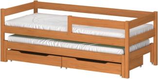 WNM Group Kinderbett Ausziehbar JULA mit Rausfallschutz und Lattenrost - Bett mit Schubladen - Ausziehbett fr Jugendliche - Jugendbett - Funktionsbett - Teak - 80x180 80x170