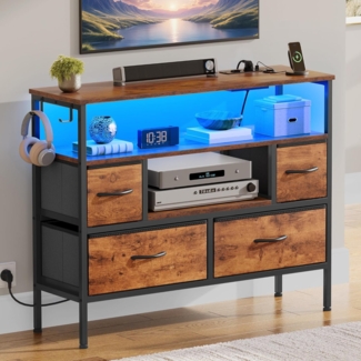 YITAHOME Kommode mit Steckdosen & LED-Leuchten, Stoffkommode mit 4 Schubladen & 2 Haken, geeignet für Fernseher bis zu 32 Zoll, Stoffkommodenschrank für Schlafzimmer, Wohnzimmer, Rustikal Braun