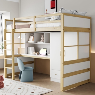 Ball & Cast Loft Bed (90x200 cm) mit Kleiderschrank und Schubladen, Hochbett mit Schreibtisch + Stauraum, Stabil & Rauschlos, Holzfarbe