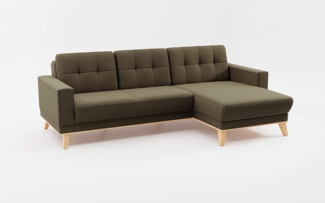 CAVADORE Ecksofa Lima mit Longchair / L-Form-Couch mit Schlaffunktion + Bettkasten / Holzrahmen + Steppung im Rücken / Strukturstoff, Grün