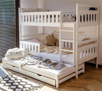 Kids Collective Hochbett 90x200 mit Ausziehbett Kinderbett mit Ausziehfunktion, zwei Schubladen Lattenrost, Rausfallschutz, umbaubar in drei Betten, Vollholz in weiss