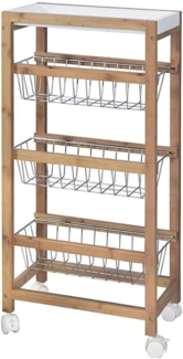 BAKAJI Küchenwagen Slim platzsparend aus Bambusholz mit 1 ausziehbarem Tablett 3 Körben und Obstkorb aus Metall und 4 drehbare Rollen Servierwagen Haus Maße 40 x 22 x 83 cm