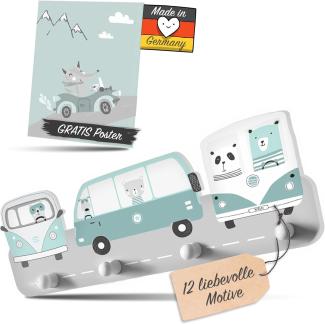 Kindsblick® Wild Cars Kindergarderobe in Mintgrün incl. DIN A4 Poster – Garderobe mit 4 Kleiderhaken für Kinder – Wunderschöne Deko für jedes Kinderzimmer