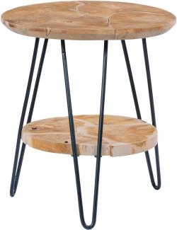 Qiyano Beistelltisch Massiv Holz Couchtisch aus Teakholz mit Metallfüßen für Wohnzimmer Flur Nachttisch Abstelltisch im Retro-Stil Rund mit Ablage, Farbe: Natur