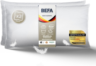 2 tlg. 3-Kammer-Kopfkissen "Träum süß" kuschelweiches Premium Daunen- & Feder-Kissen 40x80 cm, BEFA NATUR, Füllung: Außen: 90% Daunen, 10% Federn - Innen: 100% Federn, Seitenschläfer, Rückenschläfer, Bauchschläfer, Spar-Set, Made in Germany - ...