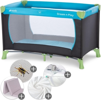 hauck Reisebett Dream N Play XXL-Sparset - inkl. Alvi Reisebett-Matratze + wasserdichte Betteinlage + 2 Spannbettlaken + Insektenschutz - Waterblue