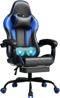 JUMMICO Gaming Stuhl mit massagefunktion, ergonomischer Gaming Stuhl,EIN Gamingstuhl mit Lendenkissen, Fußstütze und Kopfstütze,PC - Stuhl, Tragfähigkeit 150 kg - Blau