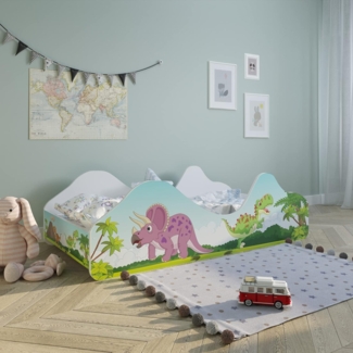 Kids Collective Kinderbett Jugendbett 80x160 mit Rausfallschutz, Dinosaurier oder Piraten Motiv, Spielbett mit abgerundeten Kanten, mit Matratze