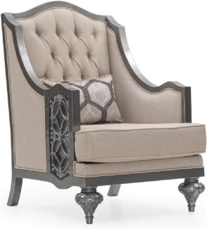 Casa Padrino Luxus Barock Wohnzimmer Sessel Beige / Grau - Handgefertigter Barockstil Sessel mit dekorativem Kissen - Luxus Wohnzimmer Möbel im Barockstil - Barock Möbel