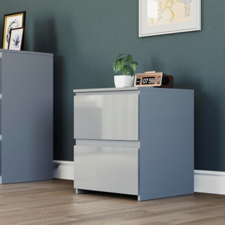 Vida Designs Glinton Stilvoller Hochglanz-Beistelltisch mit 2 Schubladen, Nachttische, Schlafzimmermöbel, 100% FSC-Zertifiziert (Grau)
