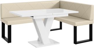 MEBLINI Eckbank für Esszimmer mit ausziehbarem Tisch - Küchenbank - Essecke - Sitzecke Küche - ERIC - U-Beine 128x168x87cm Rechts - Creme Kunstleder/M Weiß Hochgl.