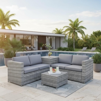 XXL PolyRattan Sitzgruppe + Auflagenbox Garten Sofa Sitzgarnitur Gartenset Grau
